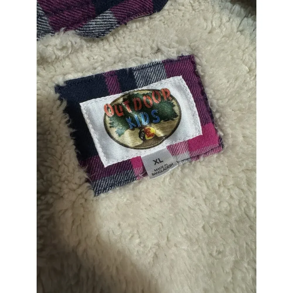 Bass Pro Outdoor Kids Girls XL Pink Blue Sherpa Lined Button Down Jacket Coat